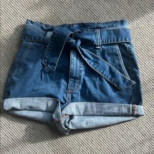 Express High-Waist Denim Tie-Belt Shorts - Blue